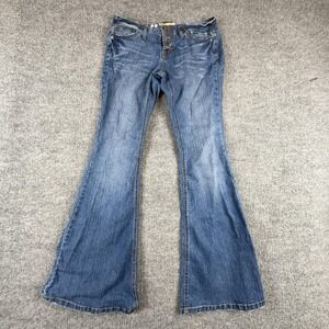 Y2K L.e.i. Jeans Juniors 7 Medium Wash Blue Ultra Low Rise Flare Stretch Denim